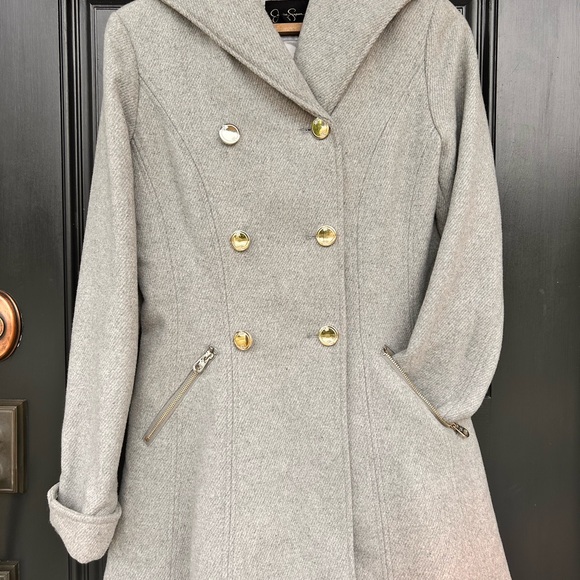 Jessica Simpson Gray Hooded Peacoat Jacket Wmn’s Twill Wool Blend Zip Pockets S - Picture 1 of 17